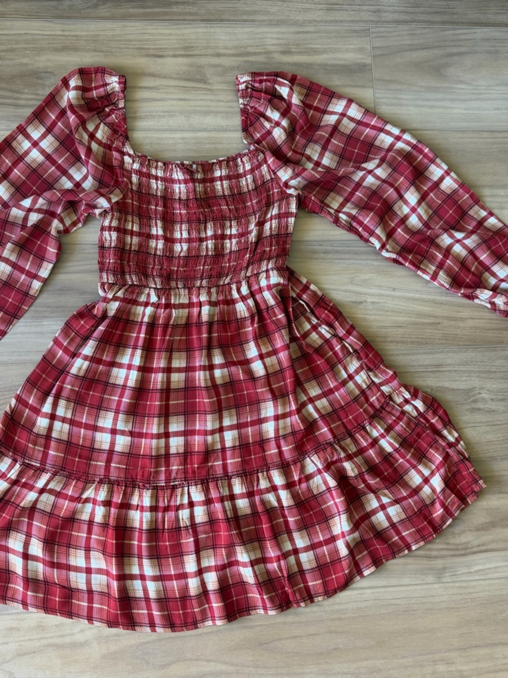Macy's Red and White Plaid Smocked Mini Dress - Picture 3 of 3